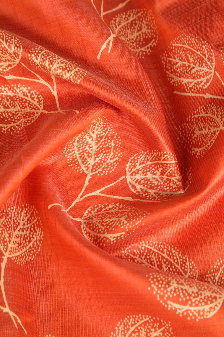 Fire Orange Semi Raw Silk Printed Gold Zari with Leaf Pattern view 4