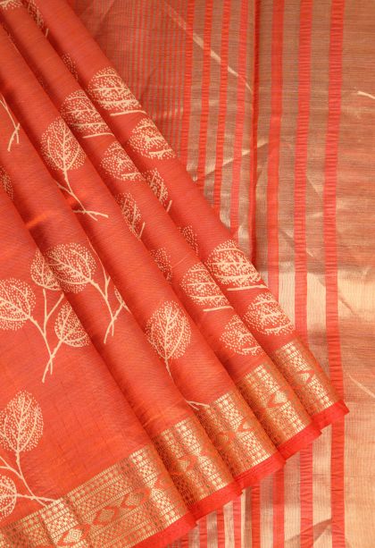 Fire Orange Semi Raw Silk Printed Gold Zari with Leaf Pattern