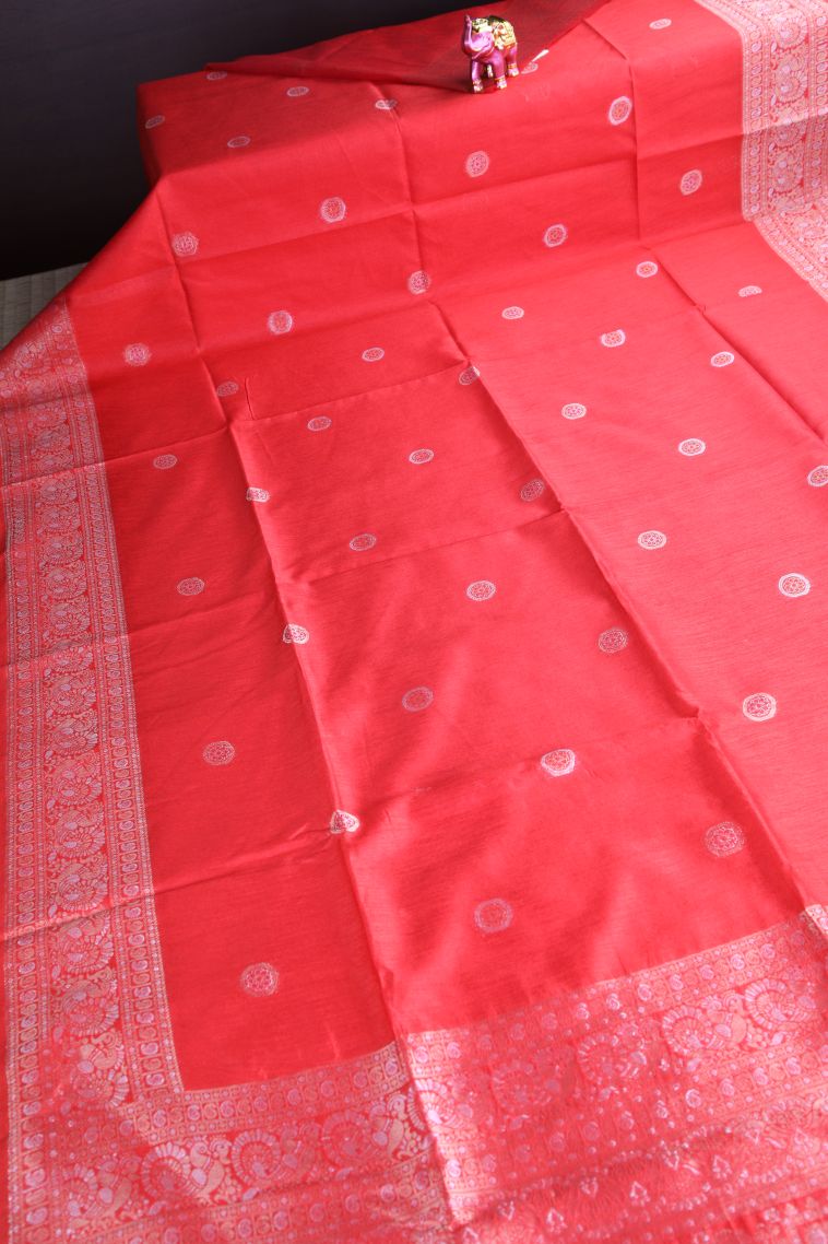 Candy Red Raw Silk Sarees with Gold And Silver Zari Puttas view 2