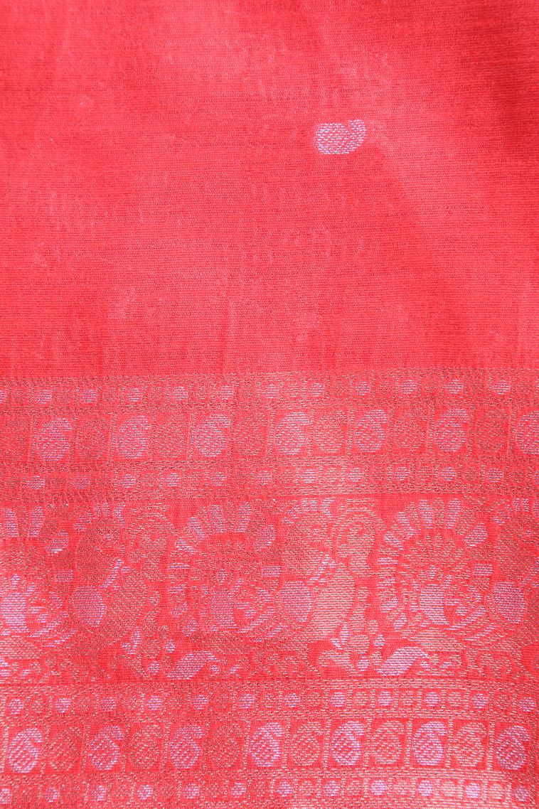 Candy Red Raw Silk Sarees with Gold And Silver Zari Puttas view 3