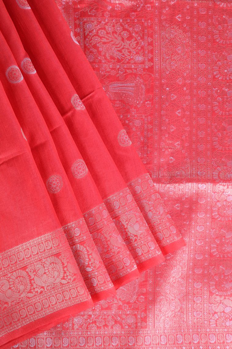 Candy Red Raw Silk Sarees with Gold And Silver Zari Puttas view 1