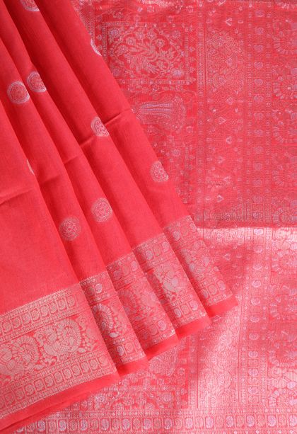 Candy Red Raw Silk Sarees with Gold And Silver Zari Puttas