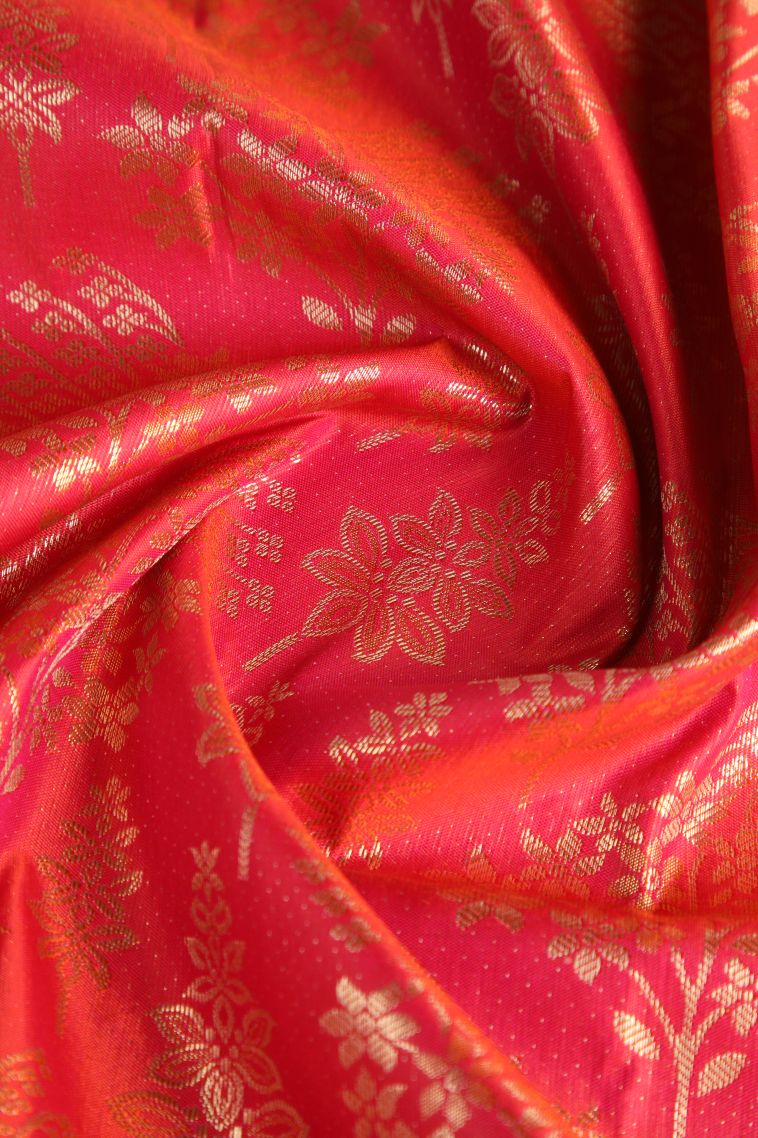 Strawberry Pink Apoorva Silk Sarees with Copper Zari Floral Patterns view 4
