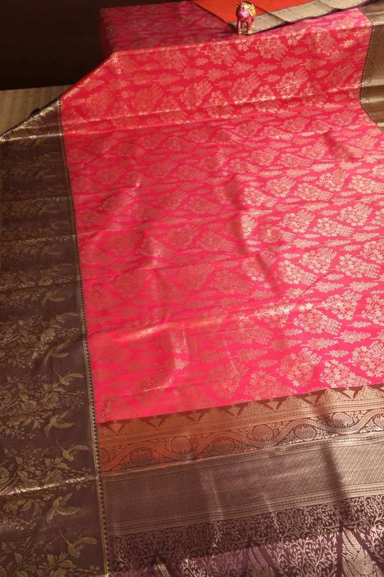 Strawberry Pink Apoorva Silk Sarees with Copper Zari Floral Patterns view 2