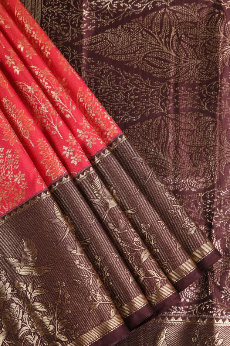 Strawberry Pink Apoorva Silk Sarees with Copper Zari Floral Patterns
