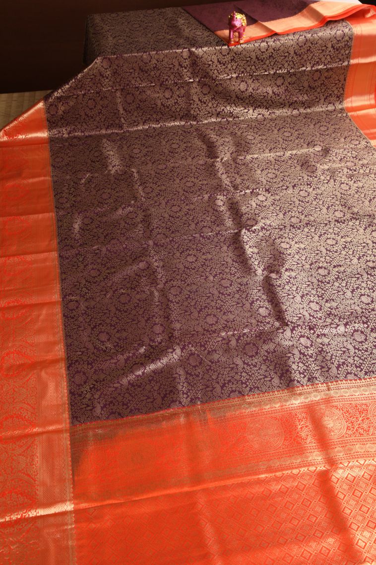 Grape Purple Apoorva Silk Sarees with Copper Zari Floral Patterns view 2