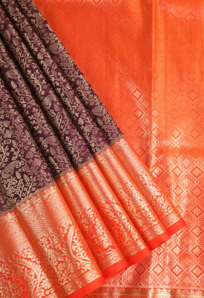 Grape Purple Apoorva Silk Sarees with Copper Zari Floral Patterns
