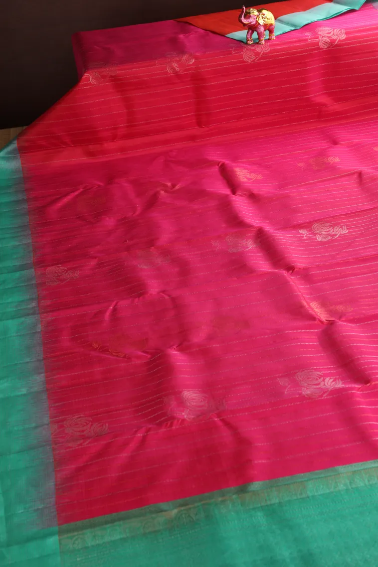 Strawberry Pink Soft Silk Saree with Silver Zari Straipes And Puttas view 2
