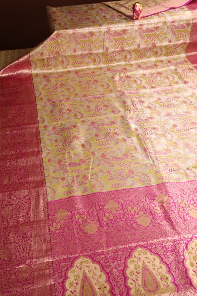 Lemon Yellow Apoorva Silk Sarees with Copper Zari Floral Patterns view 2