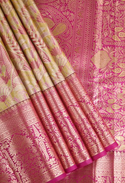 Lemon Yellow Apoorva Silk Sarees with Copper Zari Floral Patterns