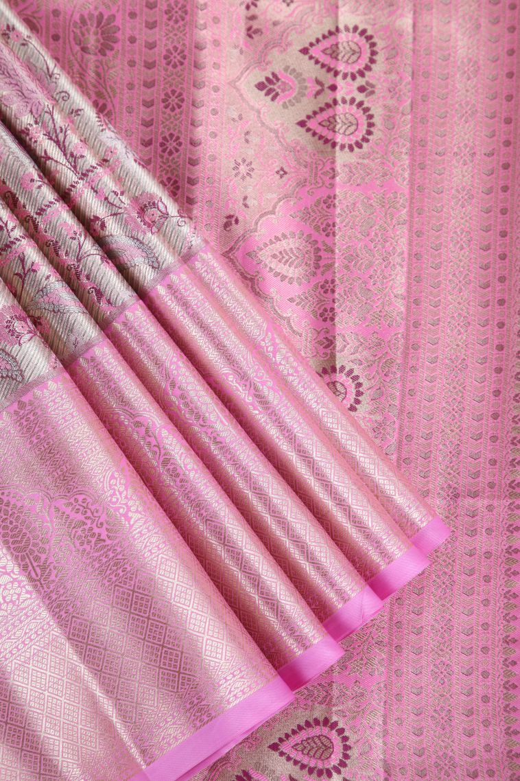 Rose Pink Apoorva Silk Sarees with Copper Zari Floral Patterns view 1