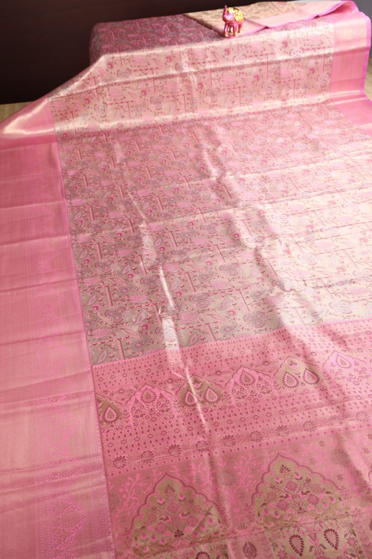 Rose Pink Apoorva Silk Sarees with Copper Zari Floral Patterns view 2