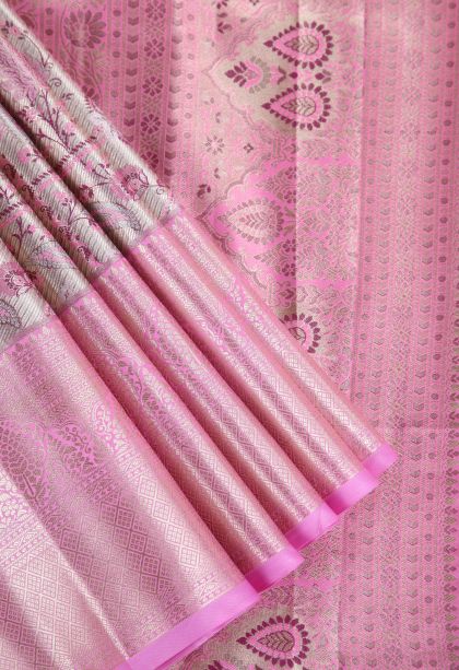 Rose Pink Apoorva Silk Sarees with Copper Zari Floral Patterns