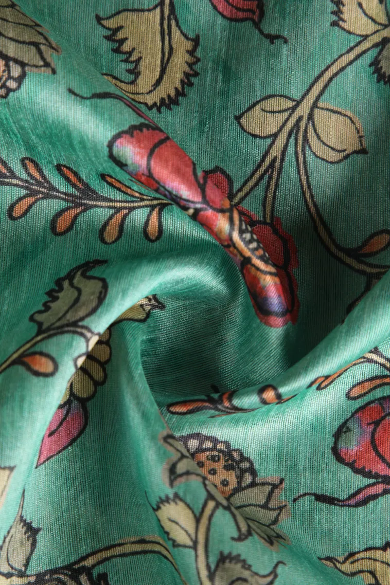 Teal Blue Tussar Saree with Gold Zari Floral Patterns view 4