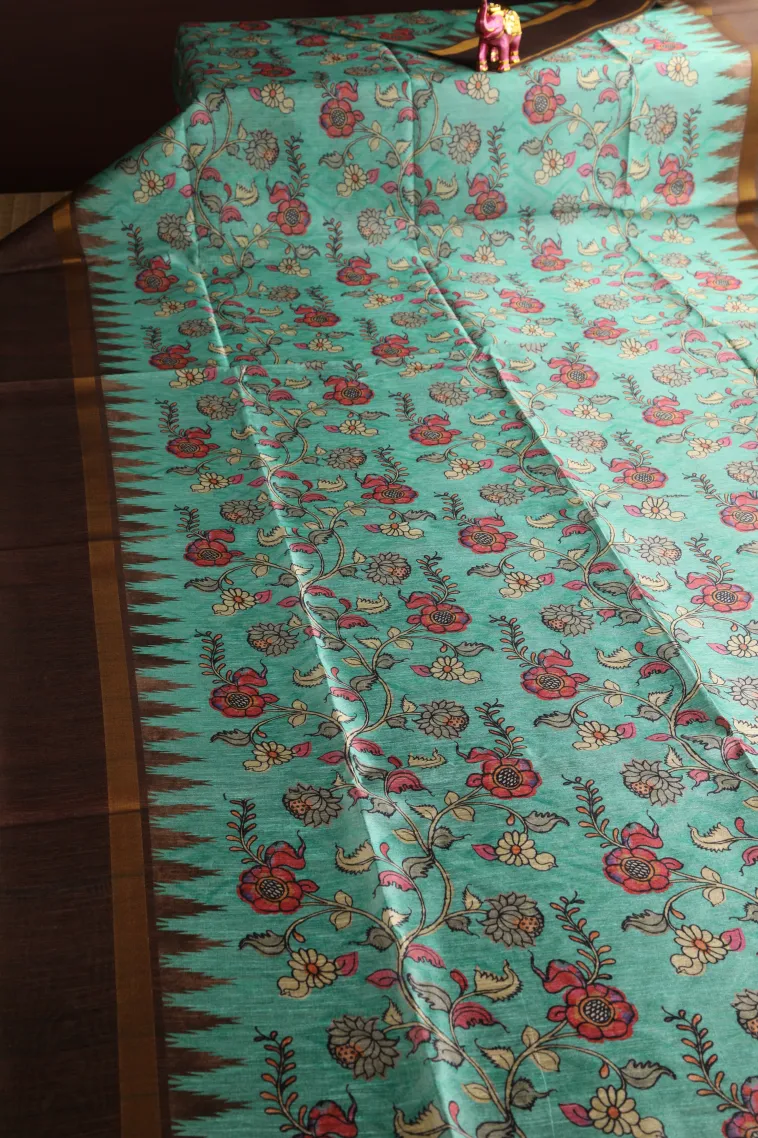 Teal Blue Tussar Saree with Gold Zari Floral Patterns view 2