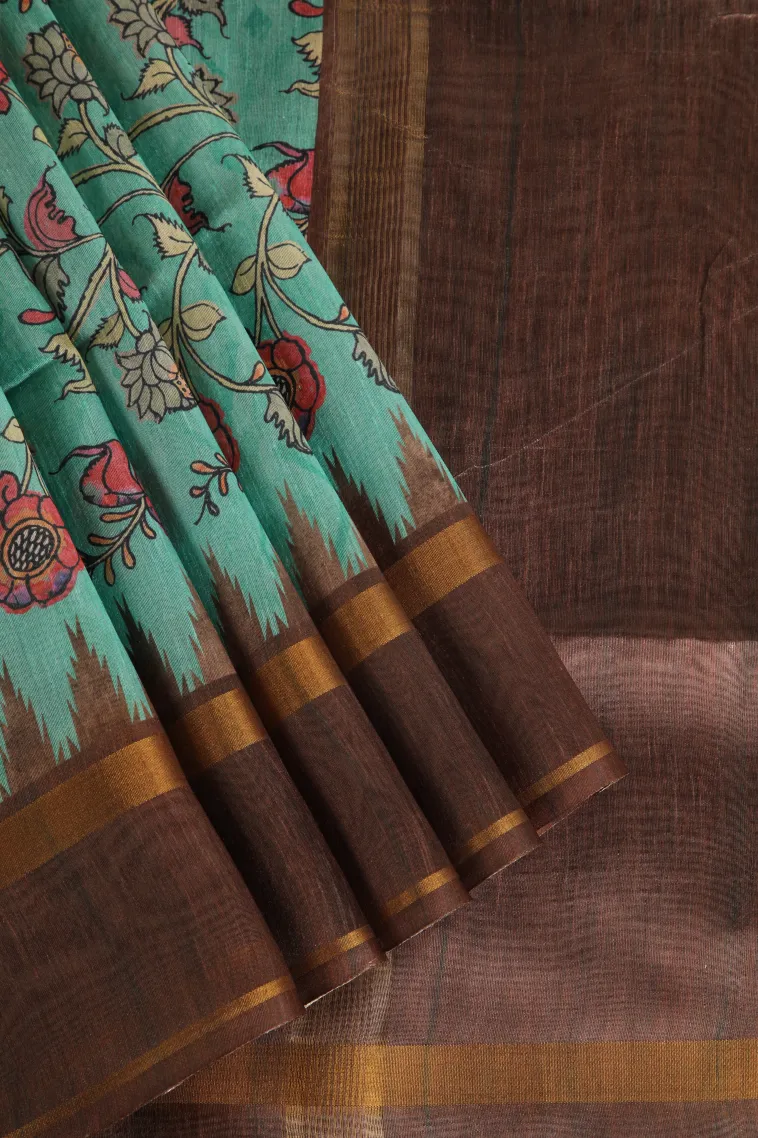 Teal Blue Tussar Saree with Gold Zari Floral Patterns