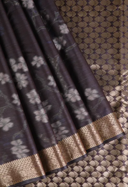Grape Purple Soft Silk Sarees with Bronze Zari Floral Patterns