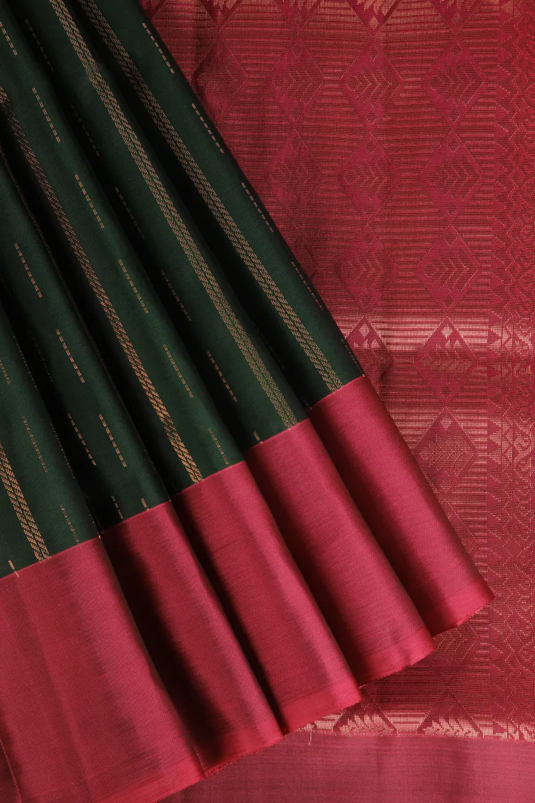 Bottle Green Soft Silk Saree with Copper Zari Stripes