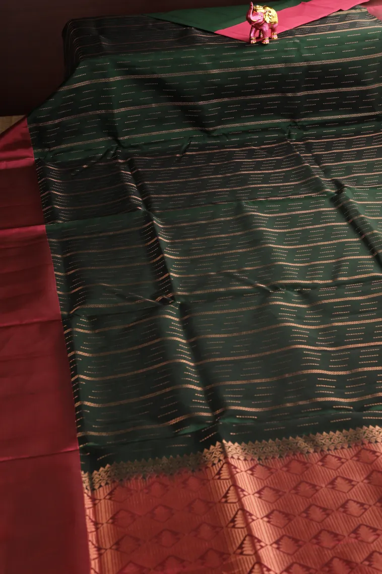 Bottle Green Soft Silk Saree with Copper Zari Stripes view 2