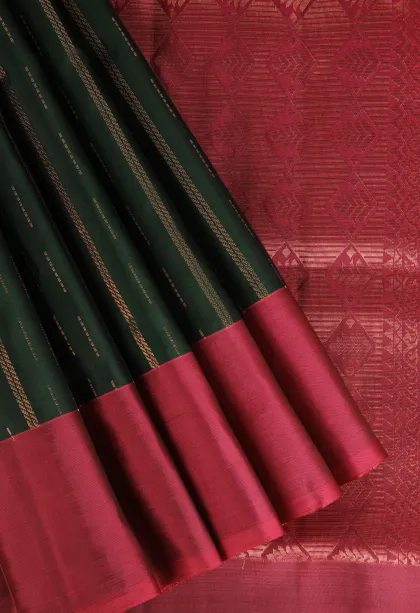 Bottle Green Soft Silk Saree with Copper Zari Stripes