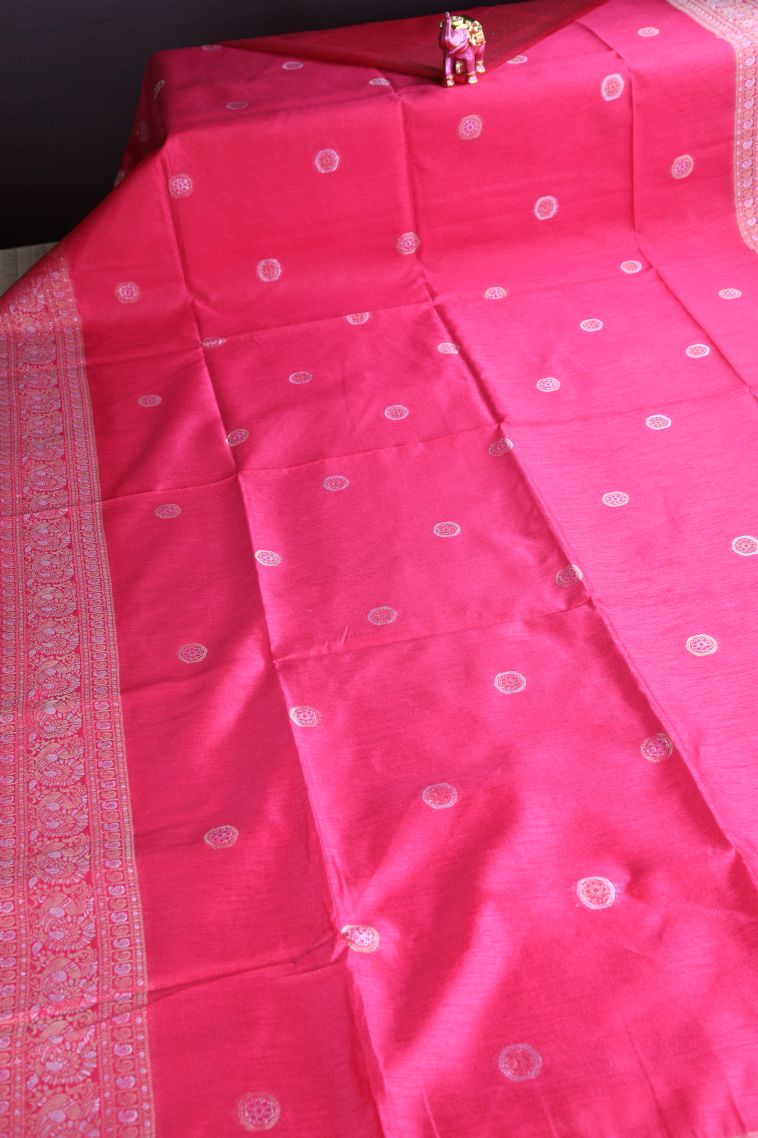 Punch Pink Raw Silk Sarees with Gold And Silver Zari Puttas view 2