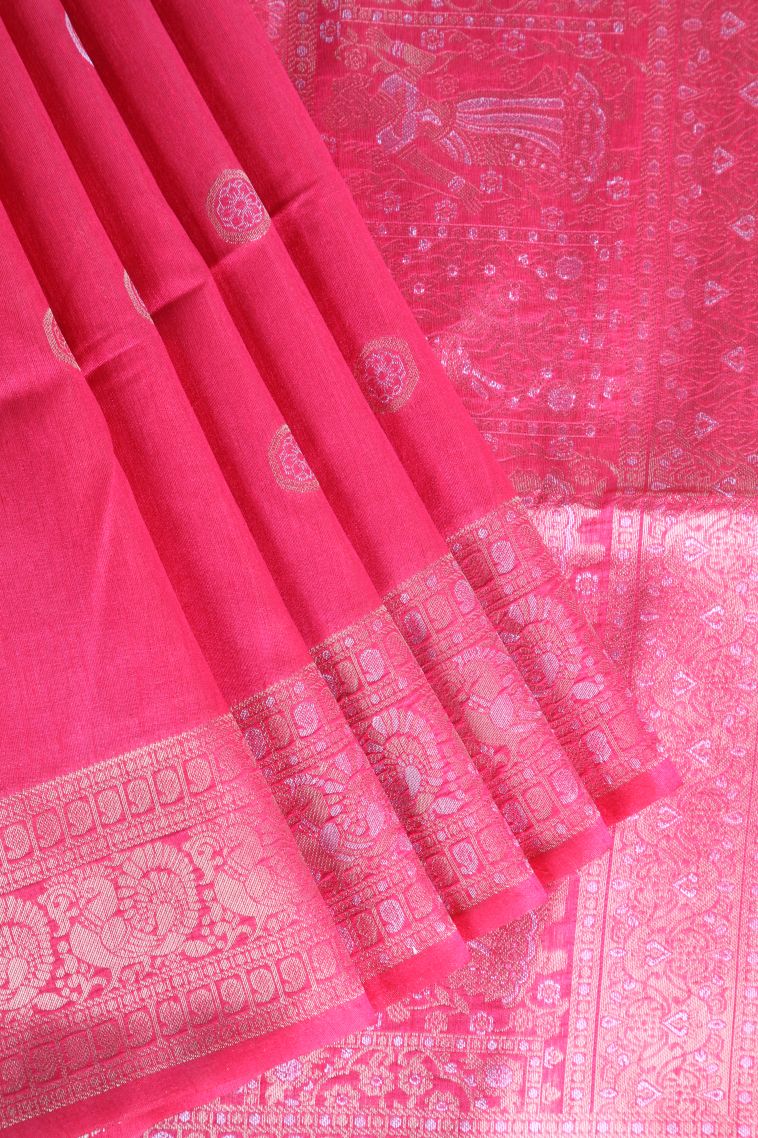 Punch Pink Raw Silk Sarees with Gold And Silver Zari Puttas