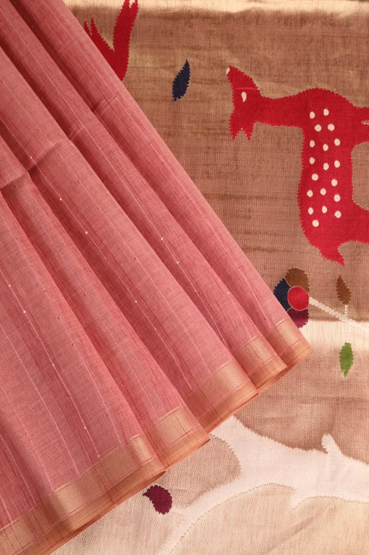Rouge Pink Jute Sarees Without Zari With Stone Work