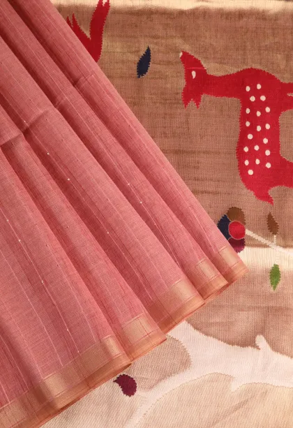 Rouge Pink Jute Sarees Without Zari With Stone Work