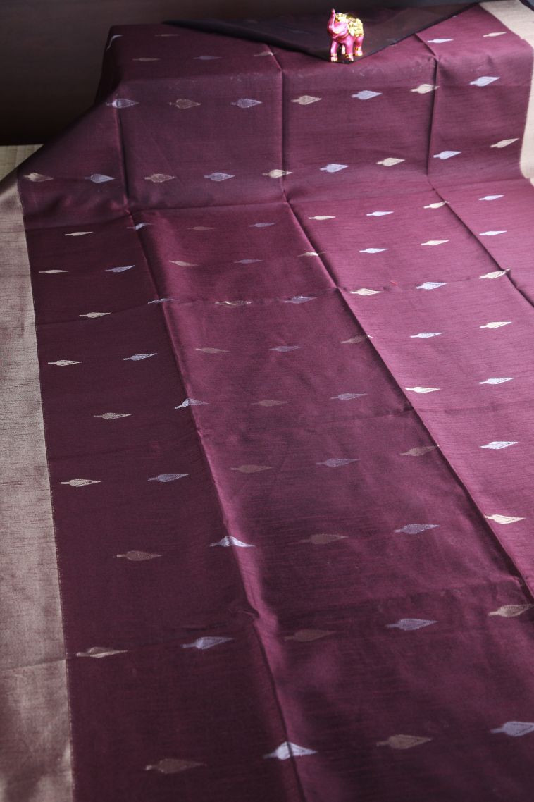 Merlot Red Raw Silk Sarees with Copper Zari Puttas view 2