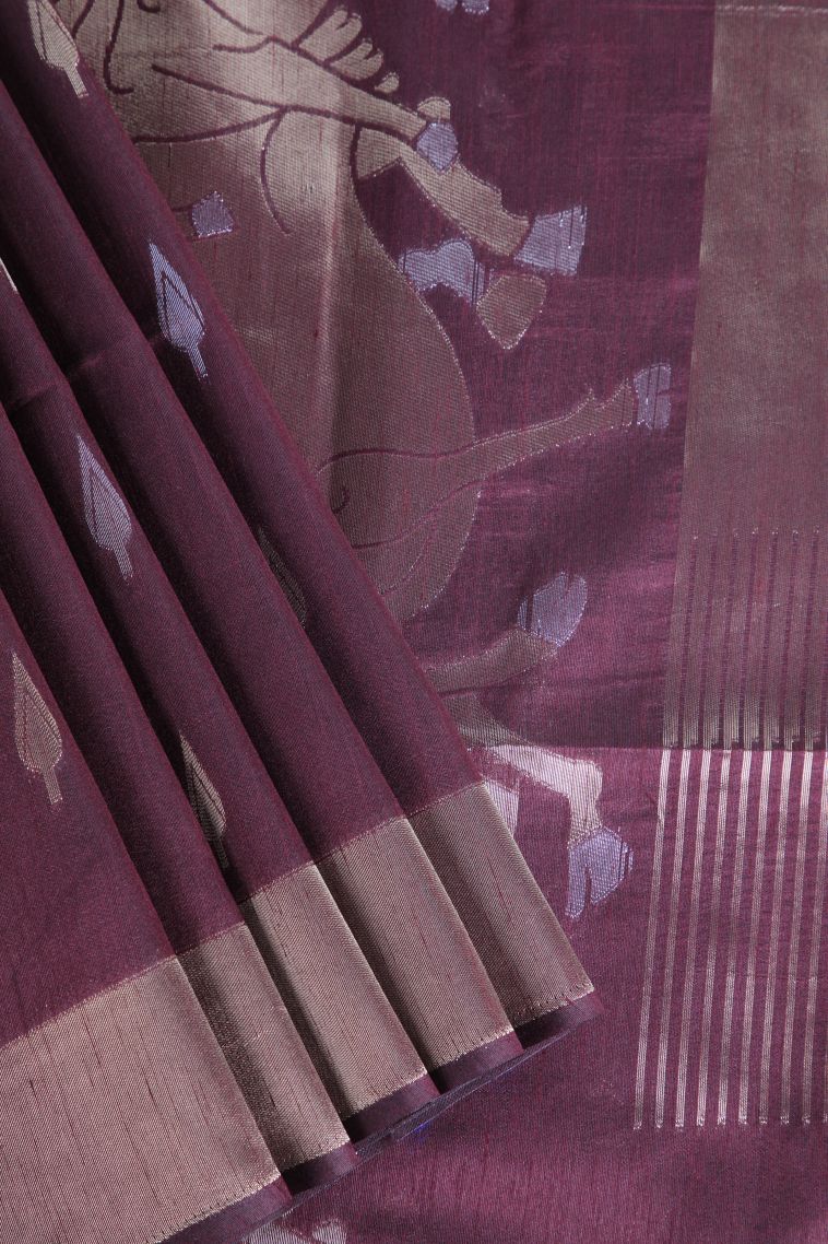 Merlot Red Raw Silk Sarees with Copper Zari Puttas