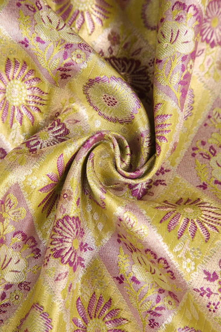Lime Green Apoorva Silk Sarees Copper Zari with Floral Patterns view 4