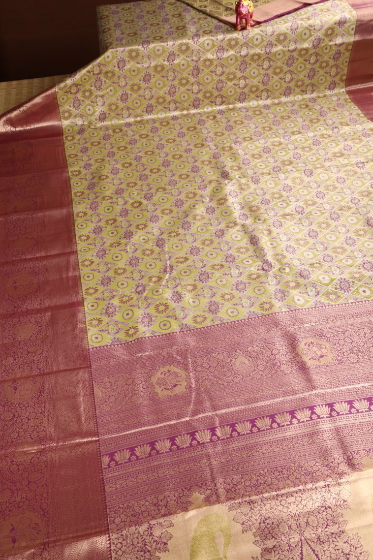 Lime Green Apoorva Silk Sarees Copper Zari with Floral Patterns view 2
