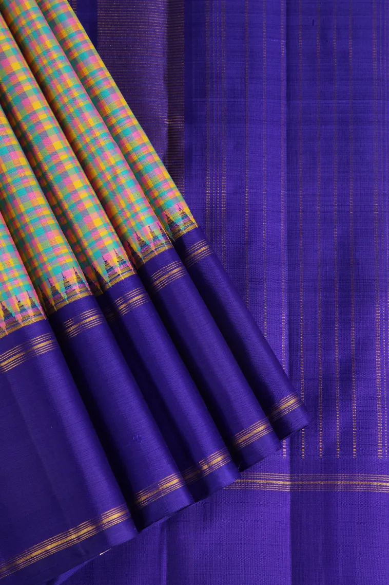 Sand Yellow Kanchipuram Silk Sarees with Gold Zari Checks