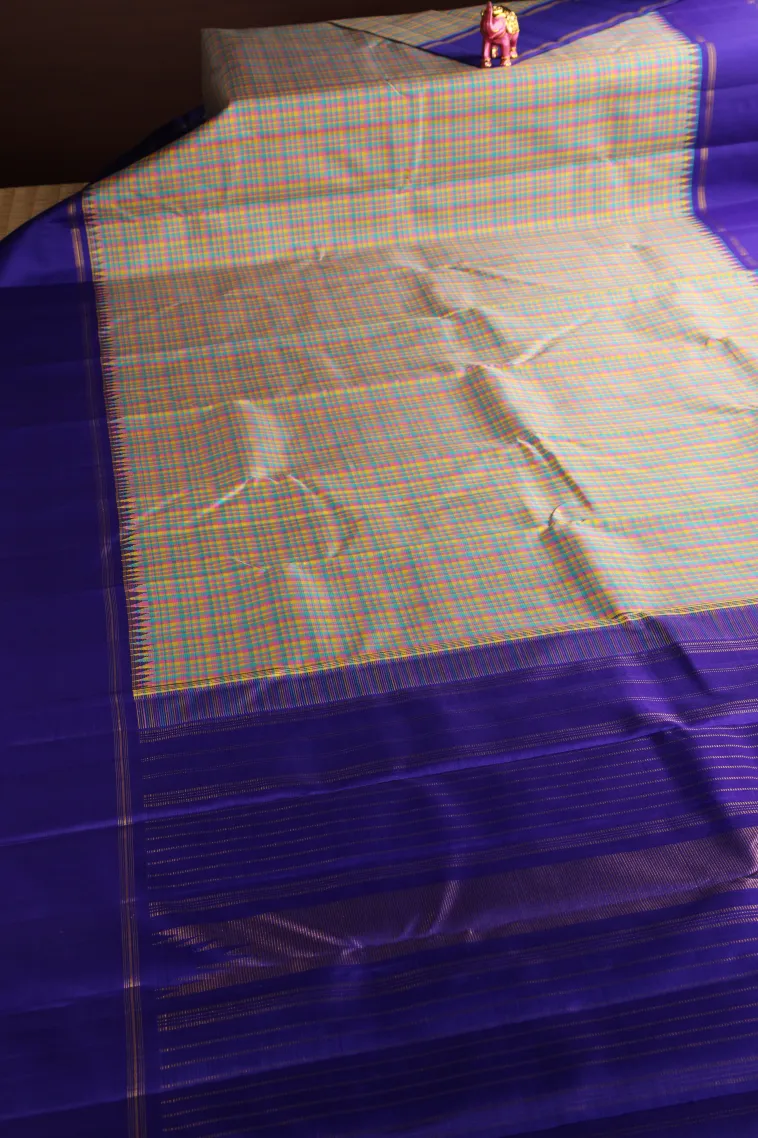 Sand Yellow Kanchipuram Silk Sarees with Gold Zari Checks view 2