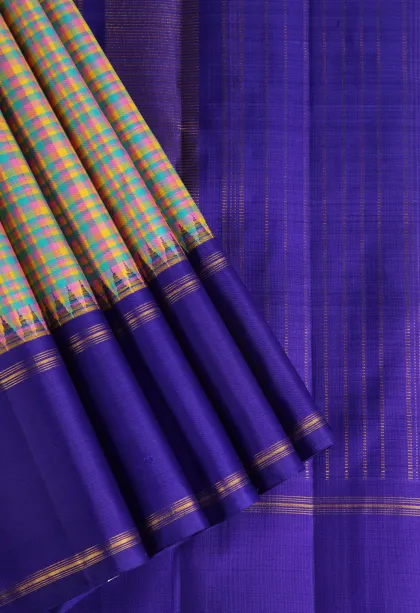 Sand Yellow Kanchipuram Silk Sarees with Gold Zari Checks