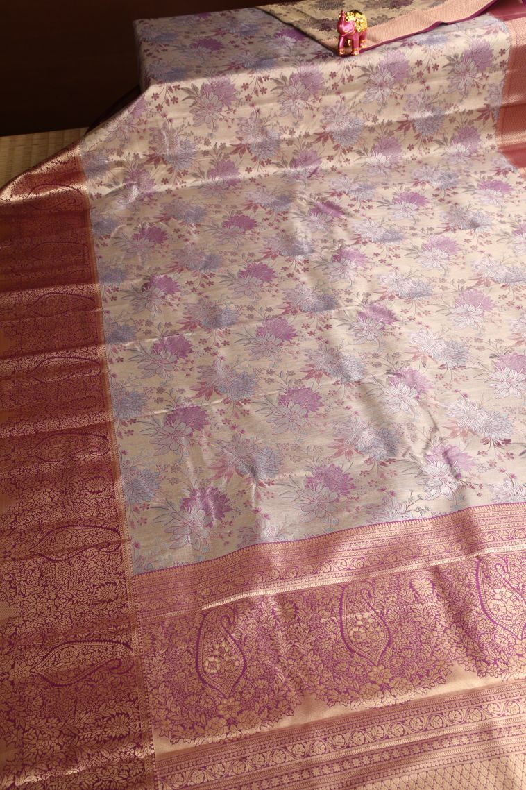 Sandollar Yellow Apoorva Silk Sarees with Copper Zari Floral Patterns view 2