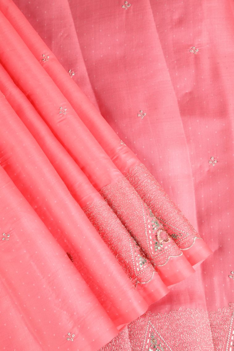 Rose Pink Raw Silk Sarees Without Zari with Floral Puttas Embroidary