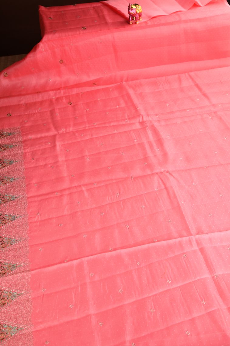 Rose Pink Raw Silk Sarees Without Zari with Floral Puttas Embroidary view 2