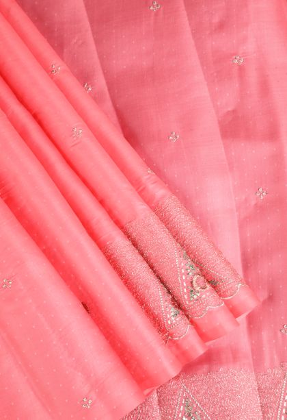 Rose Pink Raw Silk Sarees Without Zari with Floral Puttas Embroidary