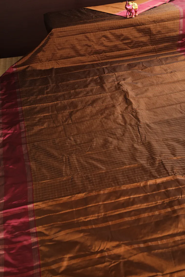 Tawny Brown Arani Silk Sarees with Gold Zari Checks view 2