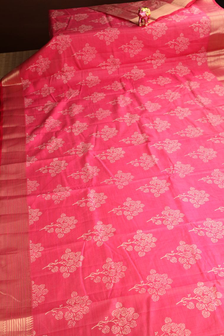 Punch Pink Semi Raw Silk Printed Gold Zari with Floral Patterns view 2