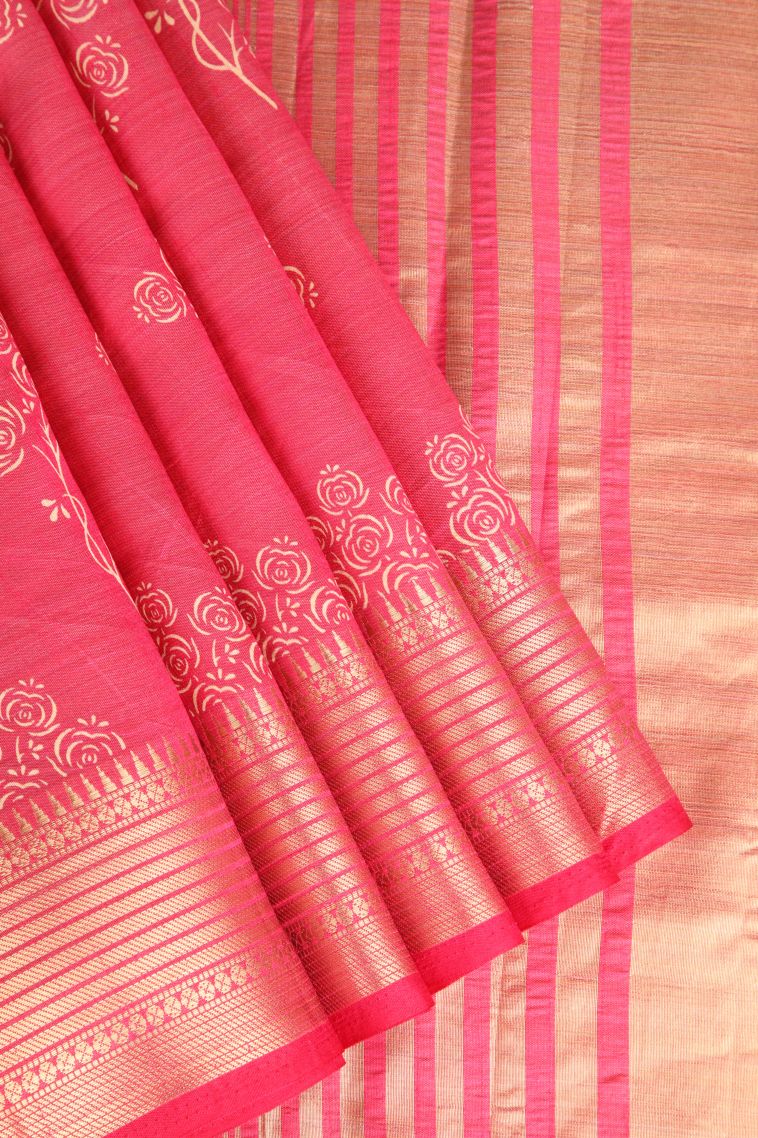 Punch Pink Semi Raw Silk Printed Gold Zari with Floral Patterns