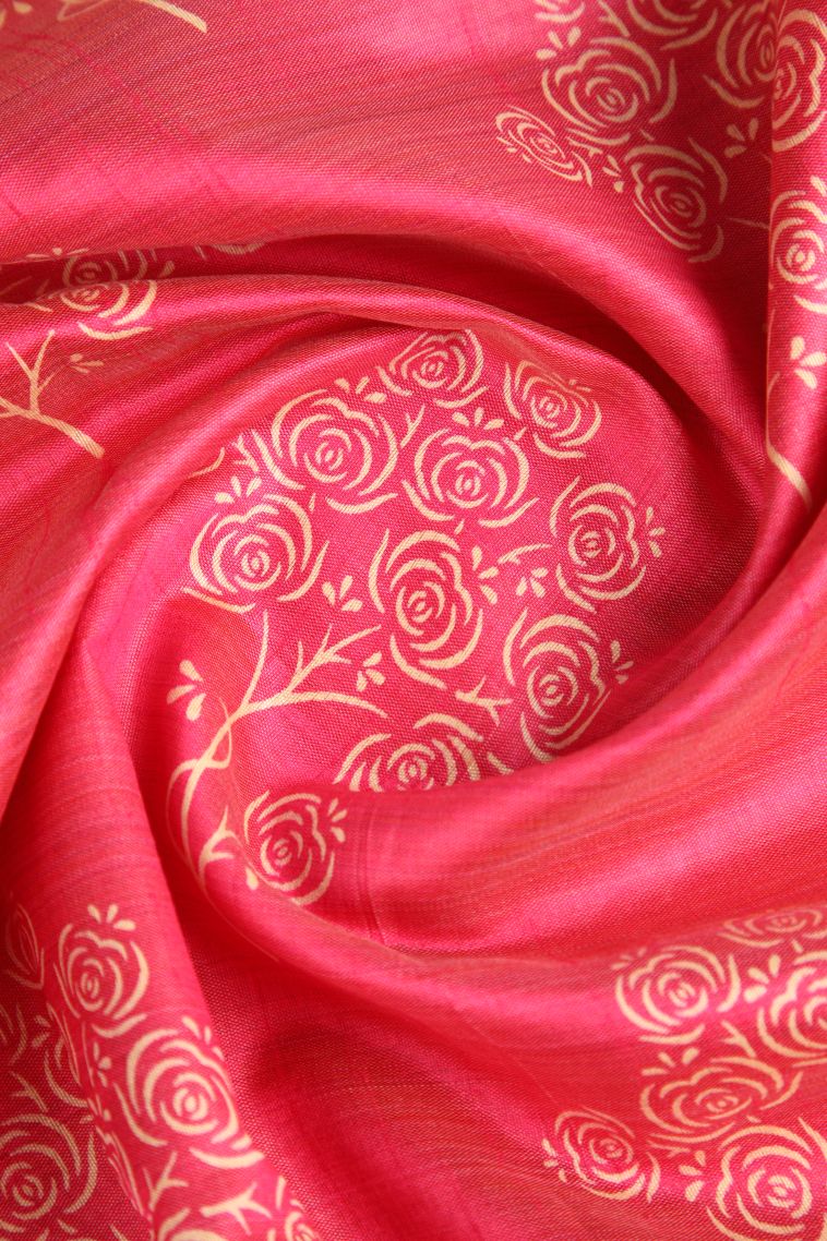 Punch Pink Semi Raw Silk Printed Gold Zari with Floral Patterns view 4