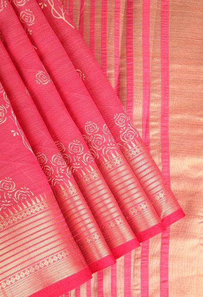 Punch Pink Semi Raw Silk Printed Gold Zari with Floral Patterns