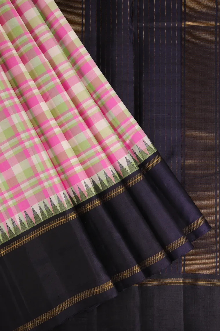Cotton White Kanchipuram Silk Sarees with Gold Zari Checks
