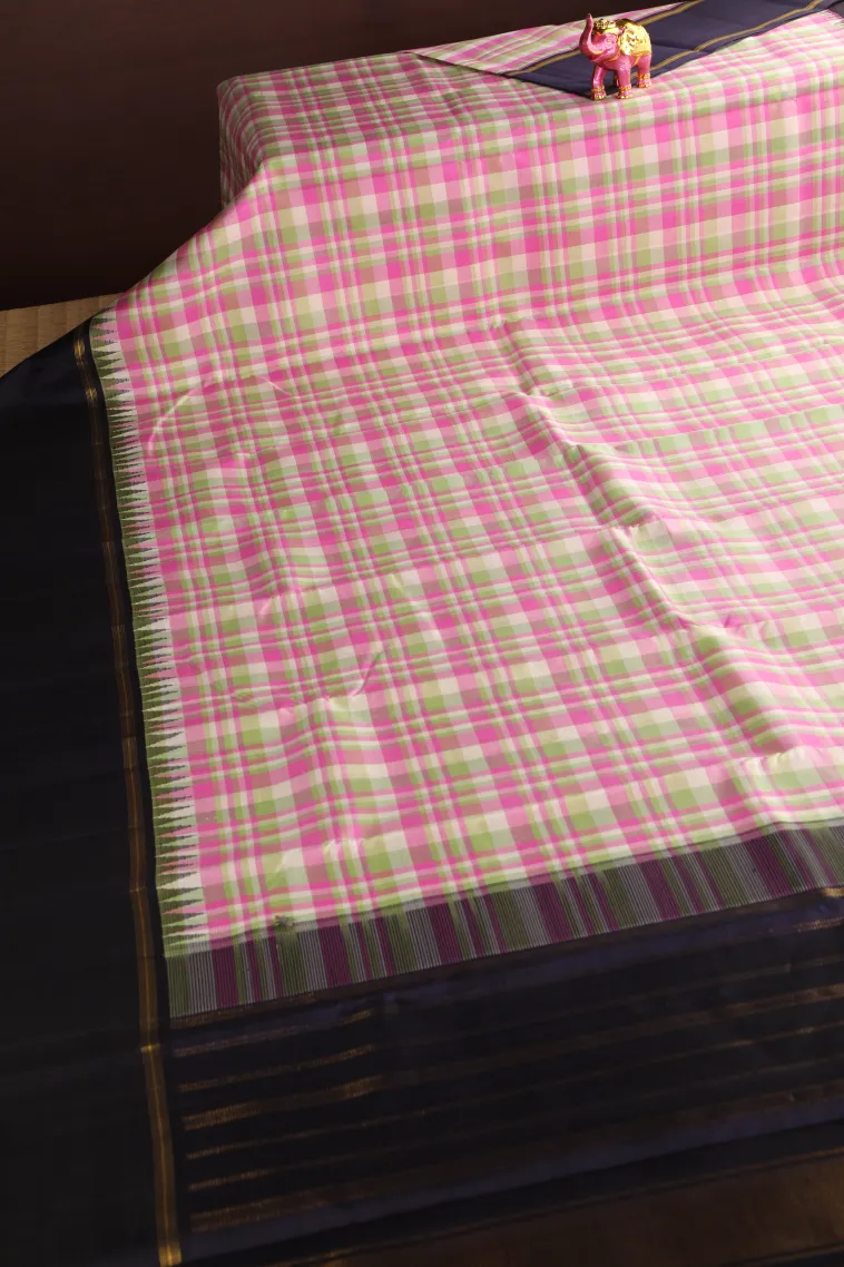 Cotton White Kanchipuram Silk Sarees with Gold Zari Checks view 2