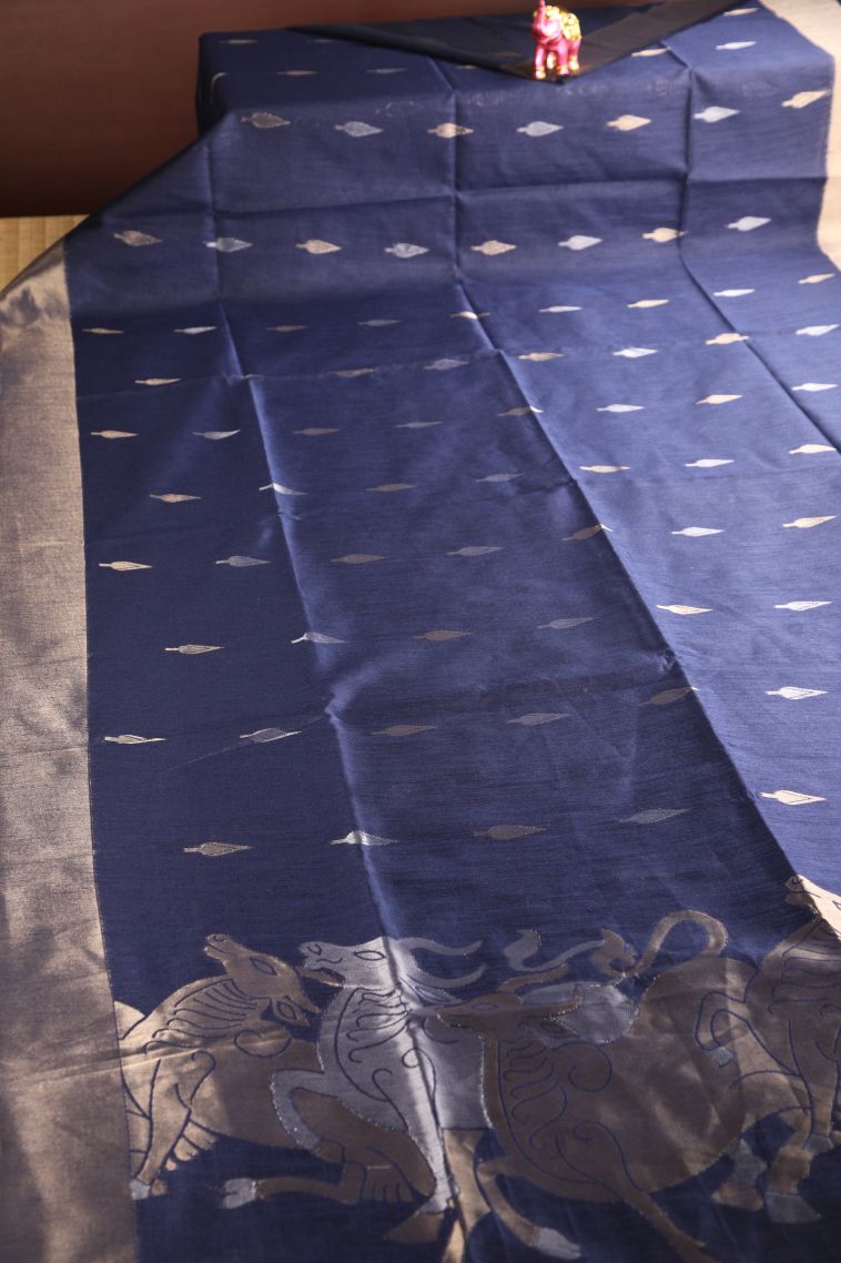 Berry Blue Raw Silk Sarees with Copper Zari Puttas view 2