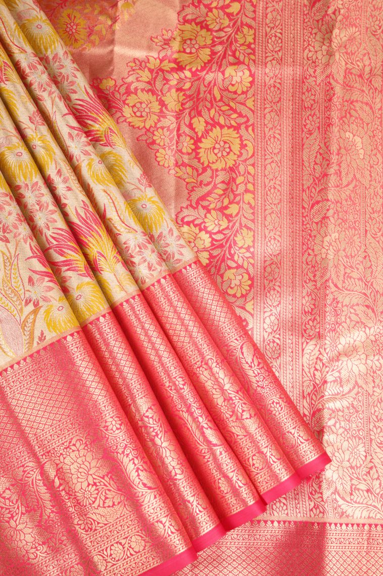 Vanilla Custard Yellow Apoorva Silk Sarees Antic Zari with Floral Patterns view 1
