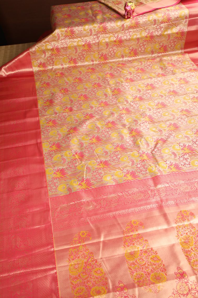 Vanilla Custard Yellow Apoorva Silk Sarees Antic Zari with Floral Patterns view 2