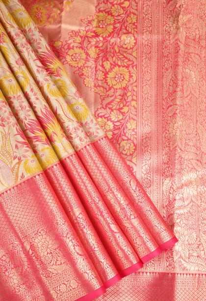 Vanilla Custard Yellow Apoorva Silk Sarees Antic Zari with Floral Patterns